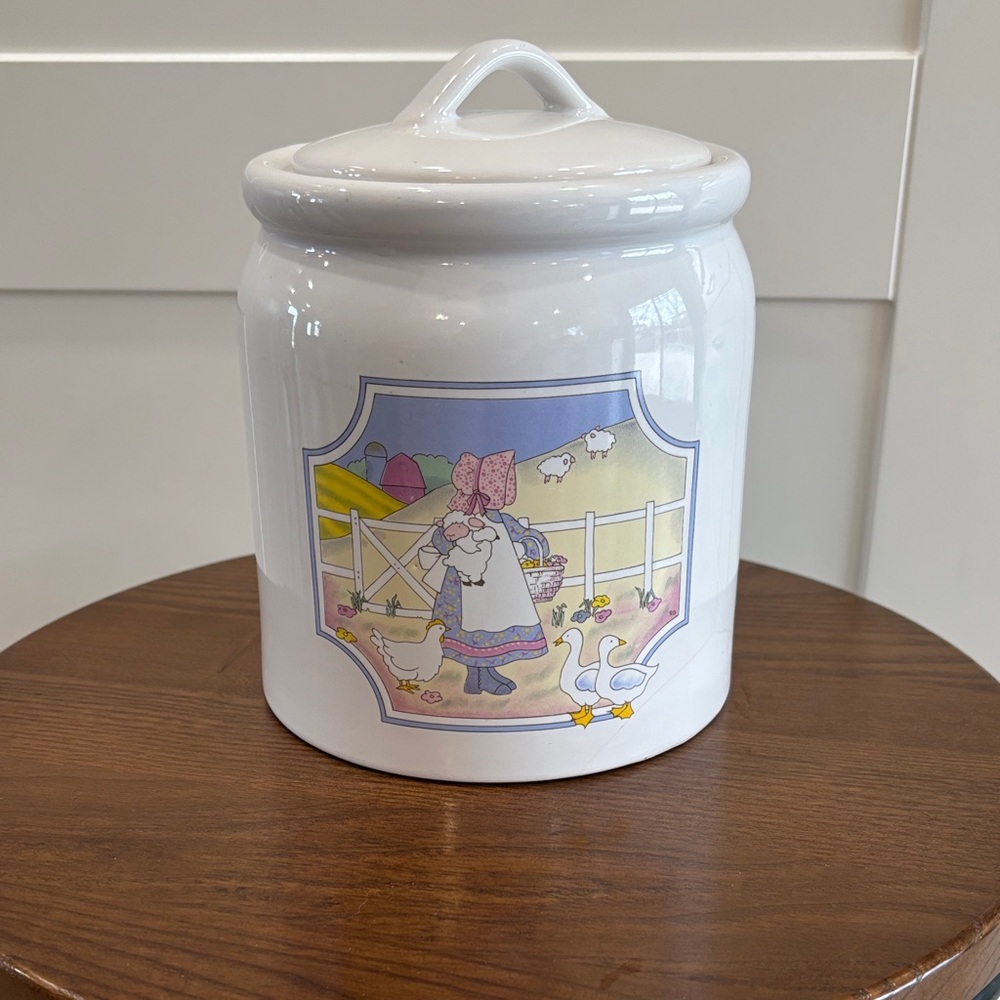 Vintage White Ceramic Canister Jar with Pastel Farmgirl Scene- small size